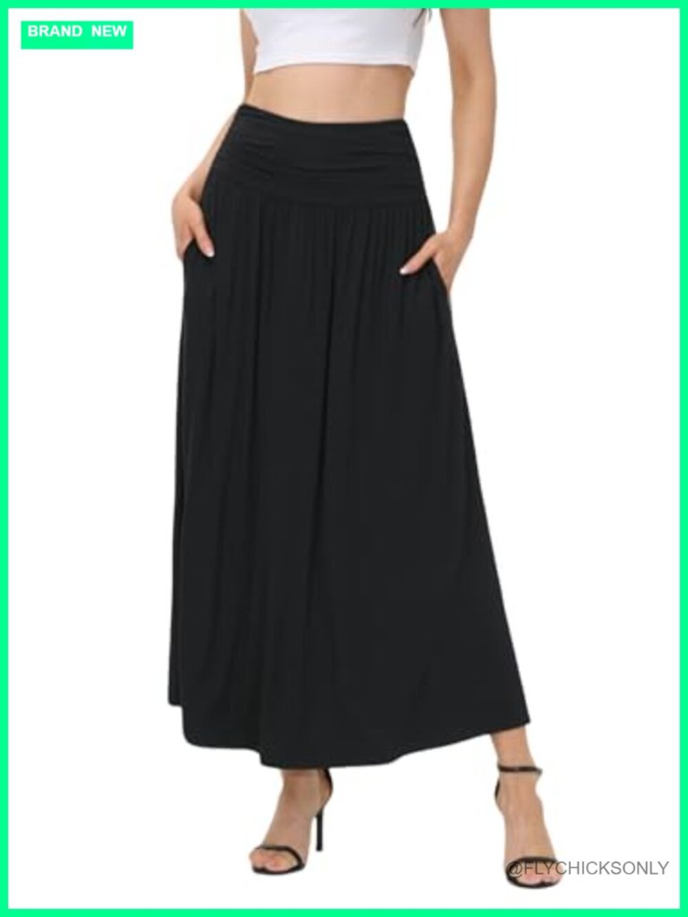 Elegant Pull On Maxi Skirt Ruched High Waisted Flowy Ankle Length Side Pockets